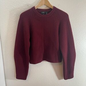 ♥️ THEORY Ribbed Balloon Sleeve Maroon Red Merino Wool Sweater Size M